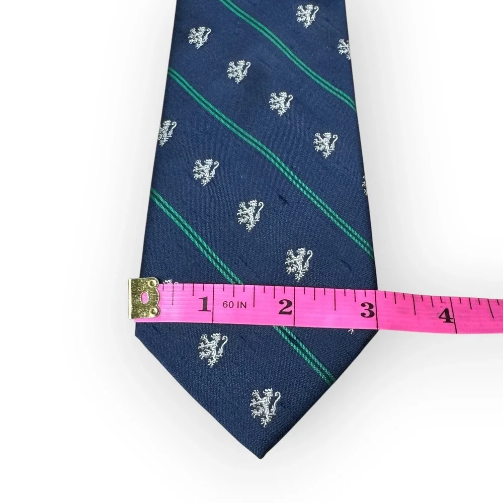 Briar Pride of England Navy Blue Rampant Lion Crest Green Stripe Silk Necktie